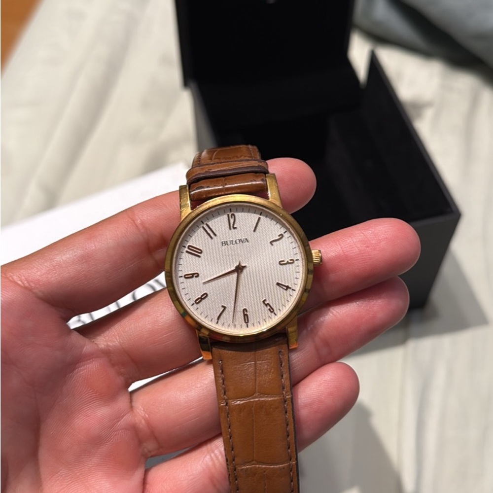Bulova Gold Watch with Brown Leather Strap